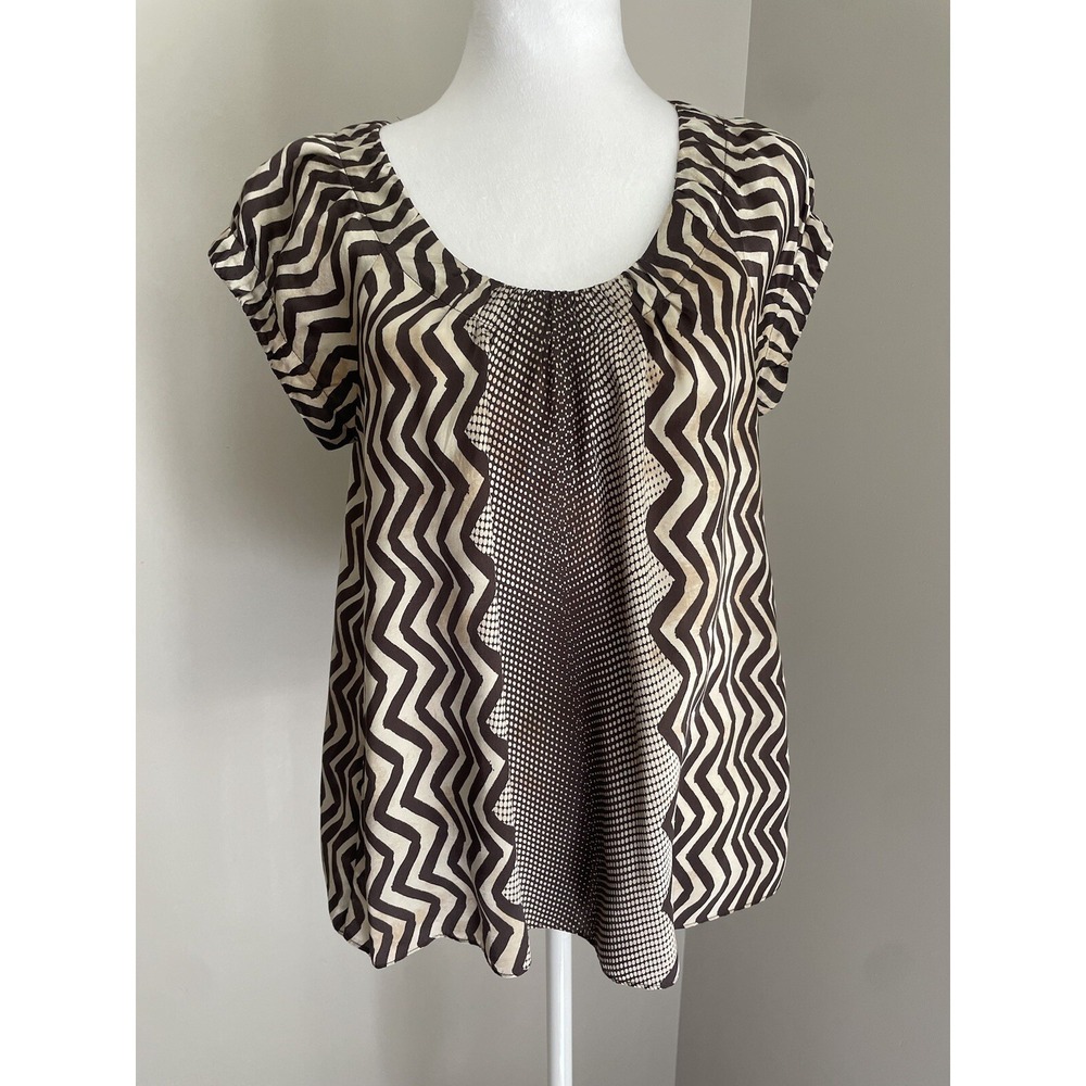 Banana Republic Women S 100% Silk Blouse Short Sleeve Brown Zig Zag‎ Top Career
